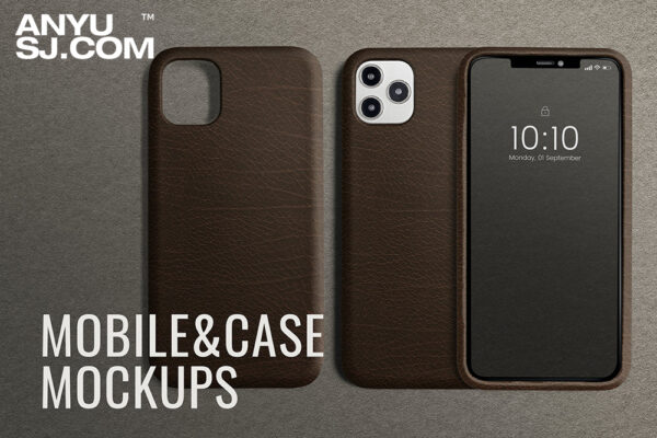 极简质感商务牛皮皮革手机壳屏幕界面UI设计展示样机Leather phone case mockup ad for digital device