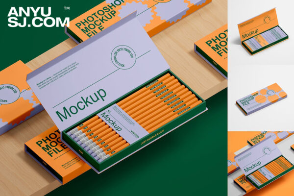 4款质感铅笔彩笔纸盒包装盒设计展示样机组合Pencil Packaging Mockup Set