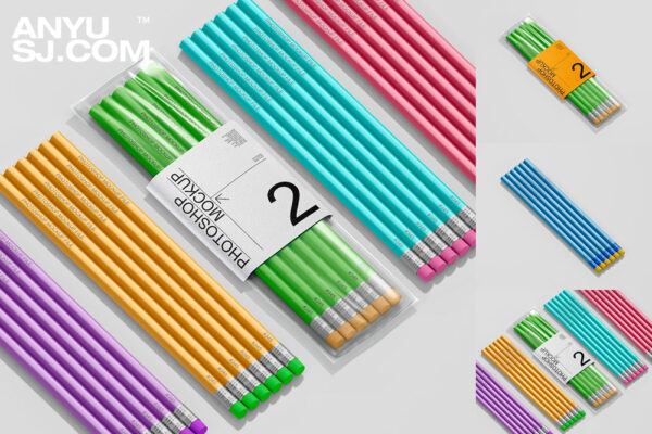 3款极简质感铅笔彩铅文具文创VI塑料袋包装样机Pencil Packaging Mockup Set