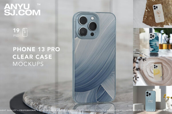 19款优雅质感极简自然光影Phone 13 Pro透明塑料手机壳设计展示样机组合Phone 13 Pro Clear Case MockUp
