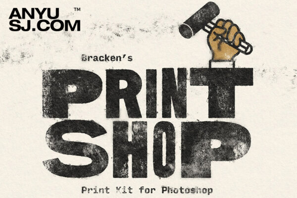 复古水墨粗糙渗透印刷墨迹PS特效文本logo后期动作纸张肌理设计套装Print Shop by Bracken-第3948期-