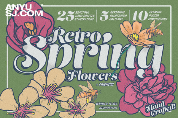 40款复古春季花卉花朵花束手绘AI矢量请柬邀请函插画图案印花平面图形设计套装Retro Spring Flowers Bundle-第3929期-