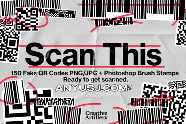 150款复古扫描二维码条形码平面设计排版PNG元素+PS笔刷套装Scan This – PNG + Brush-第3911期-