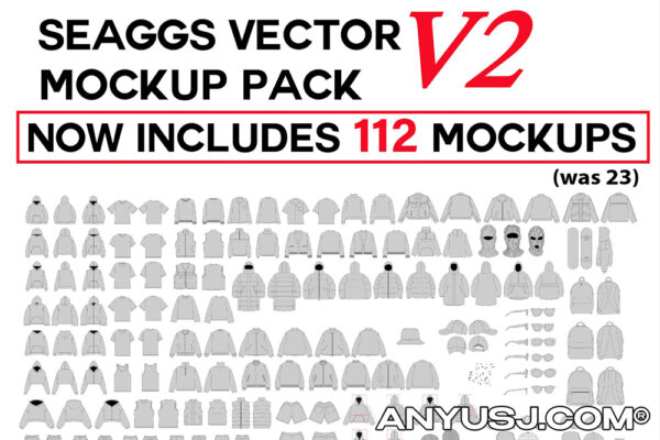 112款平面矢量服装设计印花打版展示AI矢量样机套装（含各类外套上衣裤子眼镜帽子等）Seaggs Vector Mockup Pack V2-第3940期-