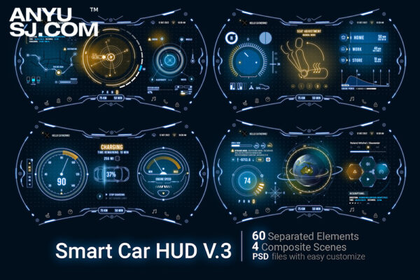 64款智能汽车可视化HUD赛博科技数据化科幻仪表盘图案元素形状背景设计Smart Car HUD V.3-第3994期-