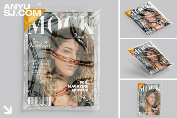 4款可商用透明塑料袋杂志画册书籍封面设计展示PSD样机Free magazine in foil mockup
