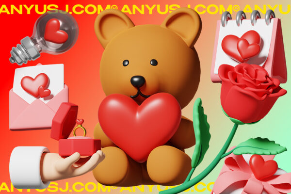 20款情人节3D渲染创意爱心小熊戒指玫瑰礼物蛋糕图标插画模型设计套装Cubicle – Valentine Day 3D Icons-第4062期-