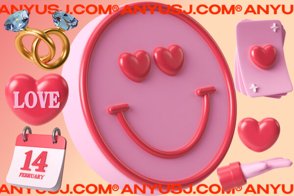 36款情人节3D渲染创意爱心戒指玫瑰礼物巧克力图标插画模型设计套装Valentine’s day 3d illustrations-第4062期-