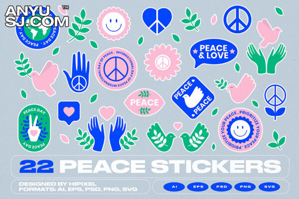 22款趣味复古世界和平主题贴纸徽章徽标logo设计AI源文件22 Peace Stickers & Badges