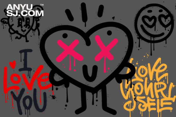 21款情人节Y2K复古朋克手绘涂鸦喷漆手写标题卡通趣味插画涂鸦海报AI矢量源文件-第4048期-