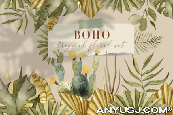 68款优雅波西米亚树叶花圈仙人掌手绘水彩剪贴画图案背景PNG免抠图设计套装BOHO Tropical Floral Set