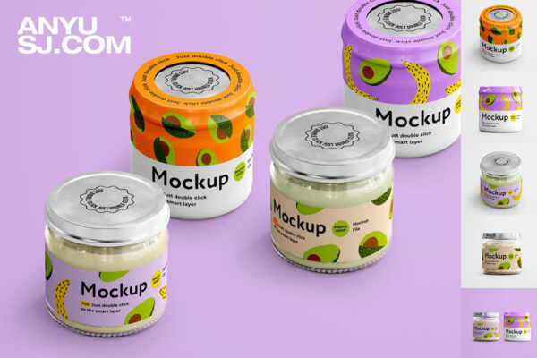 6款儿童食物玻璃罐玻璃瓶罐头包装瓶塑料包装外观设计展示样机组合Baby Food Jar Mockup Set