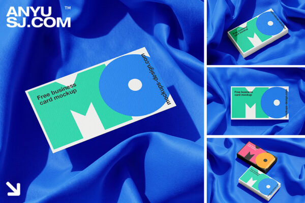 4款可商用织物背景名片卡片企业VI品牌logo设计展示PSD样机Business cards lying on a fabric mockup