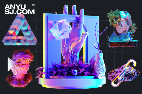 20款3D赛博朋克蒸汽波科技未来故障水晶梦幻插画插图PNG免扣设计套装Crystalwave by Craftwork-第4012期-