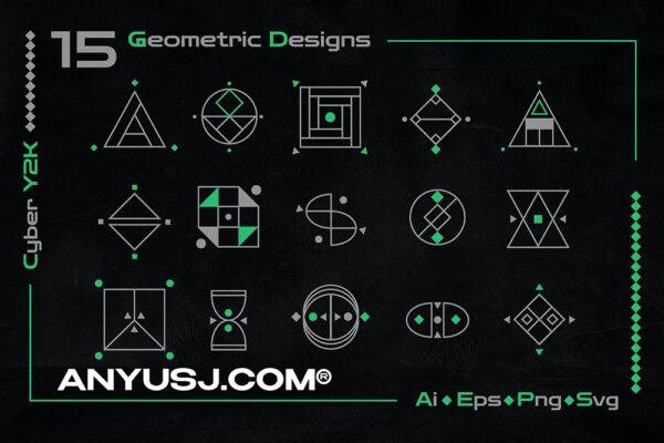 15款赛博朋克Y2K复古网格图标logo矢量设计包Cyber Y2K Geometric Shapes