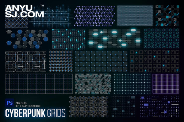 20款赛博朋克未来科技科幻网格背景设计Cyberpunk Grid