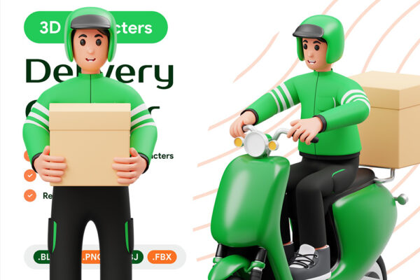 11款3D渲染立体快递员物流小哥青年人物送货上门电瓶车插画插图模型设计套装Delivery Courier 3D Character