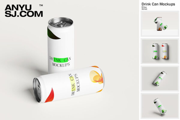 5款极简锡箔罐可乐罐饮料罐易拉罐外包装设计展示PSD样机组合Drink Can Mockups