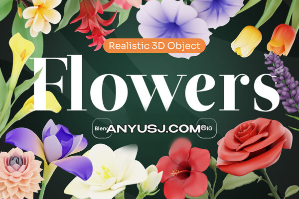 20款逼真3D渲染植物花卉花朵Blender模型插画套装Flowy – Flowers 3D Icon Set-第4093期-