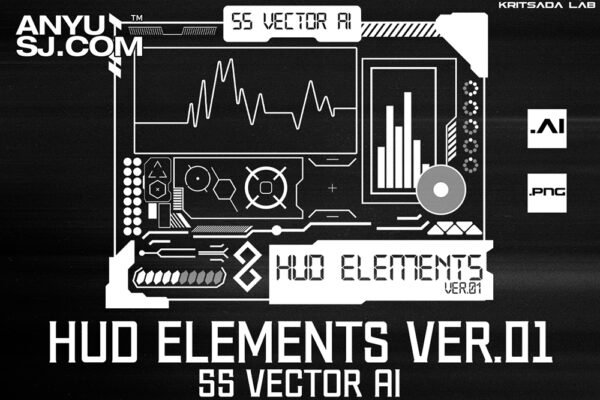55款赛博HUD仪表盘边框平面排版图形AI矢量设计套装HUD ELEMENTS ver01 by kRitSaDA-第4069期-