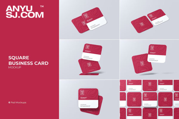 6款圆角正方形名片卡片海报设计展示平铺PSD样机组合Rounded Square Business Card Mockup