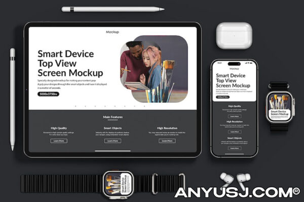 苹果智能设备手表平板手机耳机设计展示PSD样机Smart Device Top View Screen Mockup