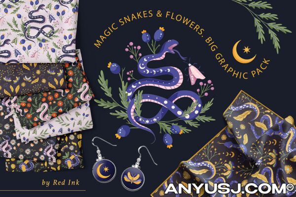 86款魔法蛇手绘剪贴画无缝图案海报设计AI矢量套装Snake Illustration & pattern bundle