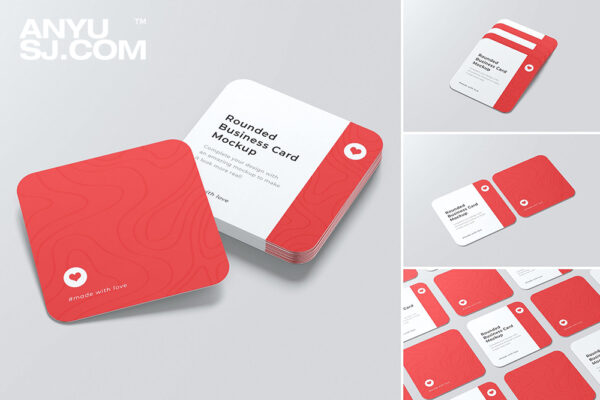 4款圆角正方形名片卡片海报设计展示平铺PSD样机组合Square Business Card Mockup