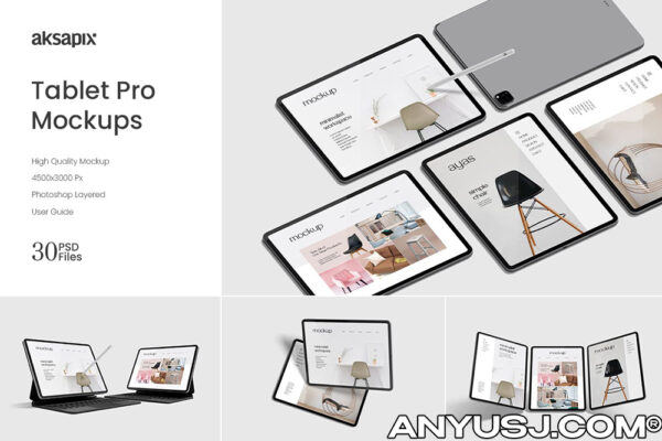 30款极简专业平面笔记本移动便携电脑UI界面APP设计展示PSD样机组合Tablet Pro Mockup
