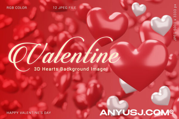 12款3D爱心情人节粉红色背景设计套装Valentine 3D Hearts Background image
