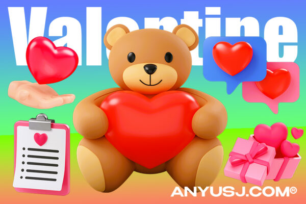 20+3D情人节礼物爱心小熊日历巧克力立体图标插画模型设计套装Valentines 3D Icons