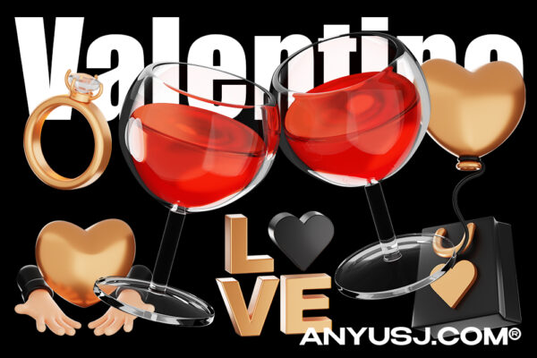 10款情人节3D图标礼物爱心戒指酒杯插画图形模型设计套装Valentine’s Day 3D Icon Set