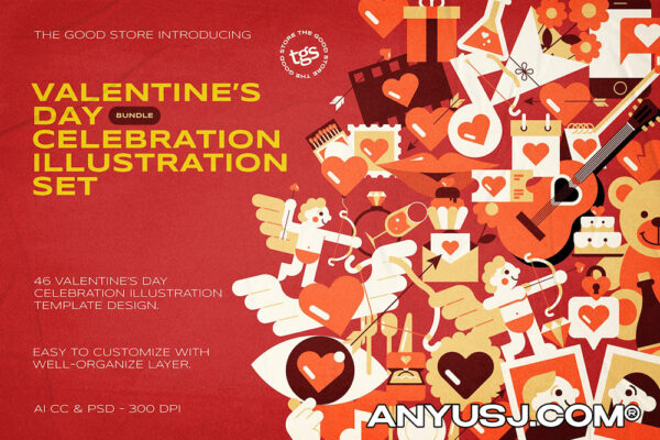 46款情人节复古趣味卡通图标logo插画贴纸矢量套装Valentine’s Day Illustration Set