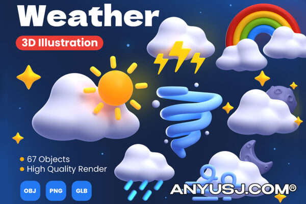 67款立体天气云朵雨雪大风雷电图标插画3D模型套装Weather 3D Illustrations