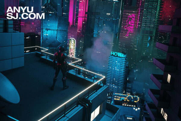 未来3D科幻赛博朋克酒吧夜店风城市建筑高楼大厦C4D模型 C4D Octane render CBD cyberpunk city SCIFI CITY Night city club