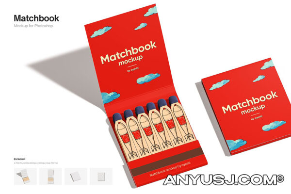 4款极简火柴盒火柴夹包装设计展示样机Matchbook Mockup