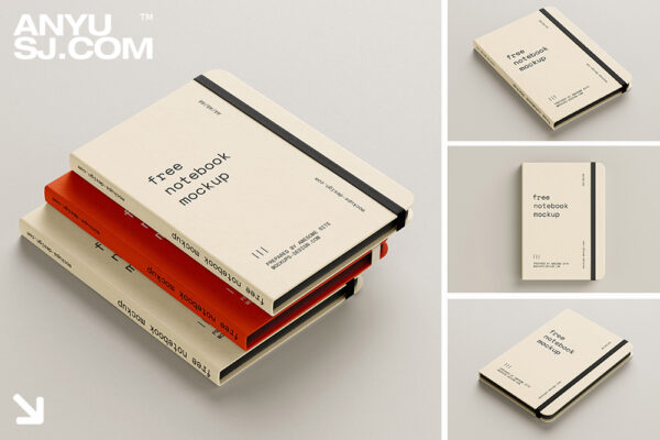 4款可商用极简带皮筋质感笔记本书籍封面设计PSD样机Free notebook mockup