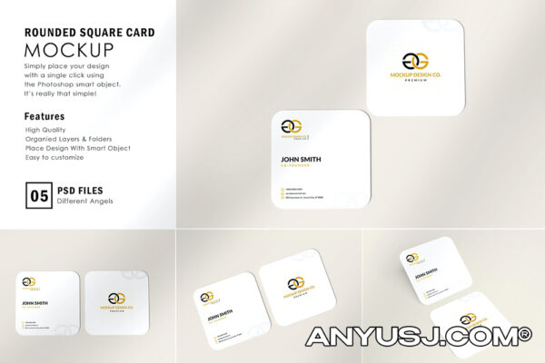 5款圆角正方形名片卡片海报设计展示平铺PSD样机组合Rounded Corner Square Business Cards Mockup