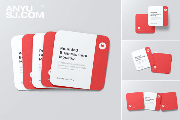 4款圆角正方形名片卡片海报设计展示平铺PSD样机组合Square Business Card Mockup2