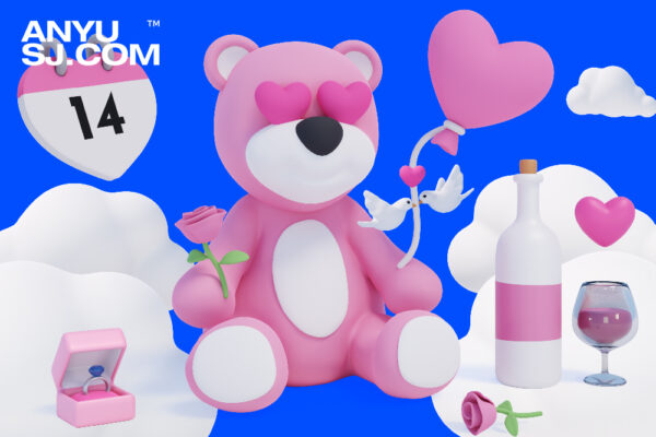 20款情人节3D趣味小熊爱心玫瑰巧克力气球云朵背景背景设计套装-第4019期-