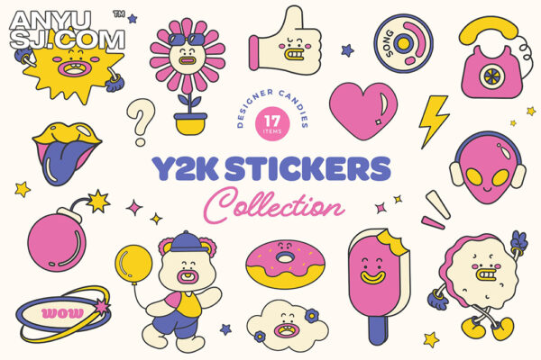 17款复古Y2K趣味粉黄色可爱卡通logo徽标贴纸卡片插画AI矢量套装Cute Y2K Sticker Illustrations Set-第4148期-
