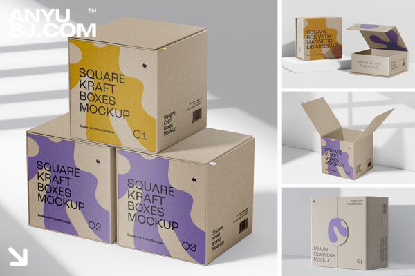 14款正方形磁吸盒折叠环保纸盒包装盒礼品盒礼物盒纸箱PSD样机套装-第4201期-