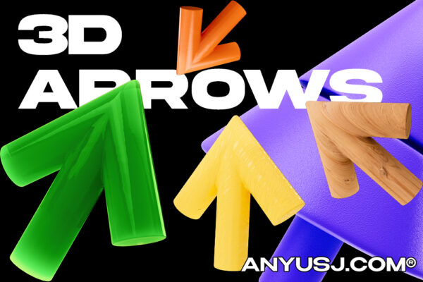 多材质3D立体箭头图标插画模型套装 3D arrows, 4 shapes, 7 materials, PNG, Figma, C4D, OBJ