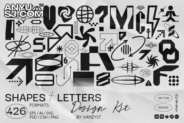 426款实验性字母形状logo徽标图标抽象赛博机能艺术AI矢量数字现代排版印花设计套装426 Shapes Letters Numbers Kit by Vanzyst-第4283期-