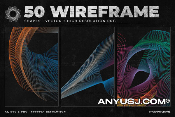 50款未来科技科幻抽象艺术几何网格流体编织AI矢量元素图形背景设计套装50 Wireframe Vector & PNG Shapes