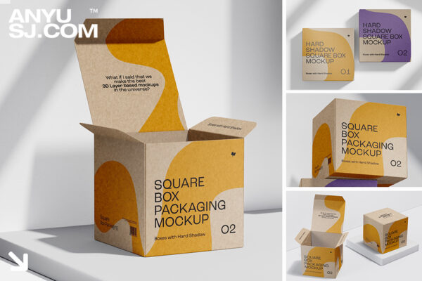 6款正方形折叠环保纸盒包装盒礼品盒礼物盒纸箱PSD样机套装-第4201期-