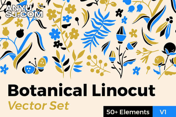 50+极简优雅花卉植物树叶印花AI矢量图图案插图插画设计套装Botanical Linocut Vector Set
