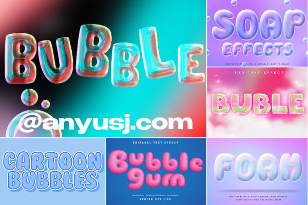 24款透明3D立体可爱气泡液体流体文字标题PSD/AI特效样机Bubble Text Effects-第4223期-