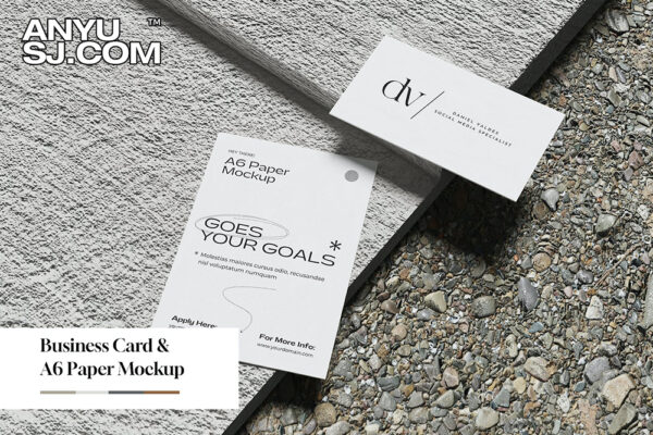 极简质感名片和A6尺寸海报纸张传单卡片VI文创设计展示地面场景样机Business Card and A6 Paper Mockup