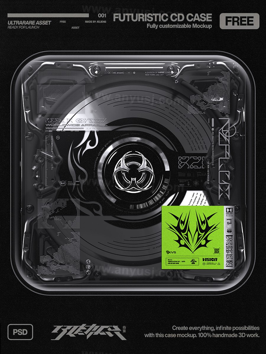 免费下载-赛博朋克未来派4K炫酷透明塑料玻璃CD光盘唱片包装盒PSD样机源文件FUTURISTIC CD CASE MOCKUP - 安鱼设计 ...